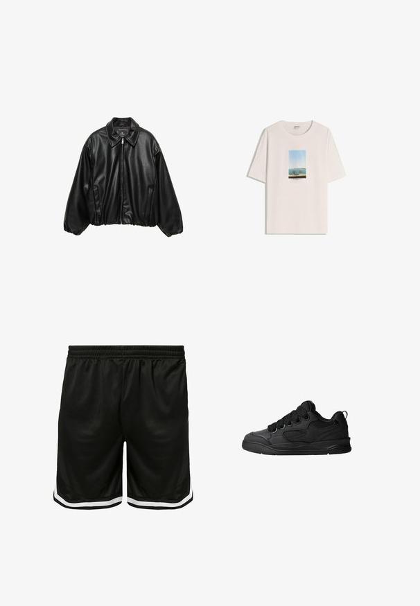 Giacca bomber nera in pelle con finitura testurizzata, colletto, chiusura con zip e vita elasticizzata. Presenta tasche laterali.; T-shirt bianca in cotone con un design grafico rettangolare che rappresenta una vista sull'oceano e due sedie, con toni di blu per il cielo e l'acqua.; Pantaloni sportivi neri realizzati in tessuto a rete, con vita elasticizzata, strisce bianche sui lati e una vestibilità comoda e rilassata.; Sneakers neri con una tomaia testurizzata, dotati di lacci, accenti in mesh per la traspirabilità, colletto imbottito e suola robusta.