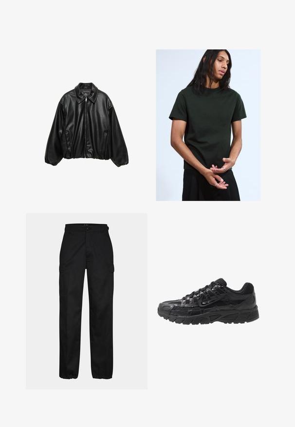 Černá kožená bomber bunda s texturovaným povrchem, límečkem, zipovým uzávěrem a elastickým pasem. Obsahuje boční kapsy.; Černé tričko s krátkým rukávem vyrobené z bavlny s kulatým výstřihem. Má uvolněný střih a minimální branding na límci.; Černé cargo kalhoty s rovný fit, s bočními kapsami, zapínáním na knoflík a elastickými manžetami na kotnících. Vyrobené z odolné tkaniny.; Černá atletická obuv s síťovaným a syntetickým svrškem, strukturovaným povrchem, šněrovacím designem a vzorovanou gumovou podrážkou pro lepší trakci.