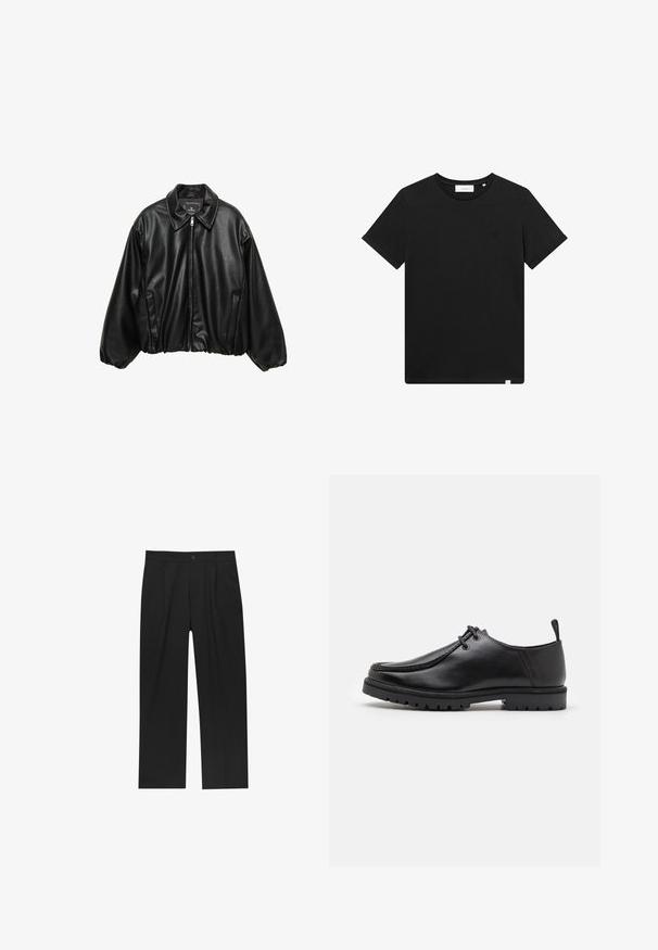 Črna usnjena pilotska jakna z teksturirano površino, ovratnikom, zadrgo in elastičnim pasom. Vsebuje stranske žepke.; Črn kratkolasasti T-majica iz bombaža z okroglim izrezom in majhnim logotipom vezenim na prsih. Gladka tekstura, standardna prileganja.; Črne hlače z ravnim krojem, narejene iz gladkega materiala. Imajo sprednje gube in enojno zaponko na pasu.; Črne usnjene čevlje na vezanje z robustnim podplatom in zanko na peti, prikazani s strani na beli podlagi.