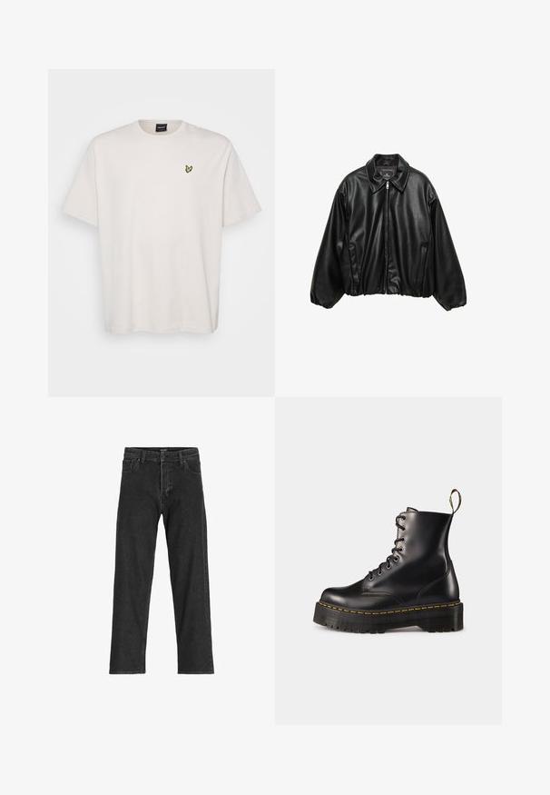 Schwarze Leder-Bomberjacke mit strukturierter Oberfläche, Kragen, Reißverschluss und elastischem Bund. Verfügt über seitliche Taschen.; Weißes Baumwoll-T-Shirt mit kurzen Ärmeln und rundem Ausschnitt. Verfügt über ein kleines gelbes Vogel-Logo auf der linken Brustseite.; Schwarze Jeans aus Denim mit geradem Bein, ausgestattet mit einem Reißverschluss, Gürtelschlaufen und sechs Taschen, gefertigt aus einem robusten Baumwollmischgewebe.; Schwarze Leder-Schnürstiefel mit knöchelhohem Schaft, einer robusten schwarzen Sohle und gelben Nähten. Verfügt über eine Lasche hinten und runde Metallösen.