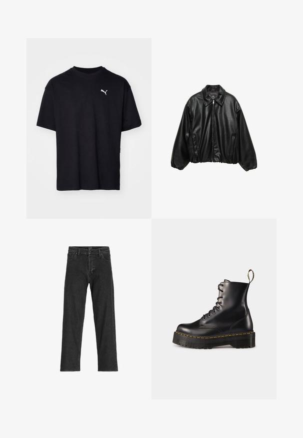 Črna usnjena pilotska jakna z teksturirano površino, ovratnikom, zadrgo in elastičnim pasom. Vsebuje stranske žepke.; Črna bombažna majica s kratkimi rokavi, okroglim izrezom in belim logotipom Puma na zgornjem levem prsnem delu. Klasičen kroj, gladka tekstura.; Črne kavbojke z ravnim krojem, ki vključujejo zadrgo, paski in šest žepov, narejene iz trpežne mešanice bombaža.; Črne usnjen lace-up gležnjarje z debelim črnim podplatom in rumenim šivanjem. Imajo zanko na hrbtni strani in okrogle kovinske učke.
