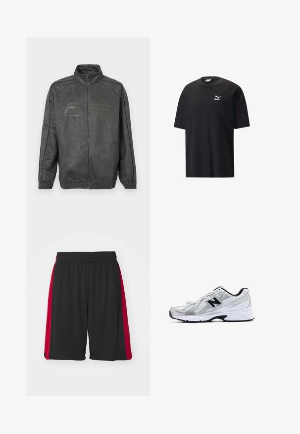 Hall gray jakk, millel on kõrge krae, eesneede ja soonikkäised. Omab peent logo kujundust ja sujuvat, tekstureeritud viimistlust.; Must musta T-särk lühikeste varrukatega, ümmarguse kaelusega ja valge Puma logo rinnal. Lihtne ja kaunistusteta disain.; Mustad mustad lühikesed püksid punaste külgpanustega, valmistatud hingavast kangast, millel on elastne vöökoht ja külgpahkluud liikumismugavuse jaoks.; Hõbedane sportlik king, millel on võrgumaterjal, mustad aktsendid, perforatsioonid ja pehme valge tald. Omab silmapaistvat 'N' logo.