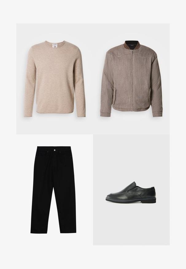 Scotch & Soda REVERSIBLE PADDED JACKET - Bombejakke - demitasse/eggnog; Beige langermet genser laget av myk stoff med rund hals og rett kant. Har en teksturert strikk og minimalistisk design.; Sorte denimbukser med rett benklipp, fem-lomme design og frontknappåpning. Jevn tekstur med minimale sømdetaljer.; Sorte skinn slip-on sko med en jevn overflate, stikking detaljer, rund tå og en lav gummihæl. Sålen har minimal mønstring.