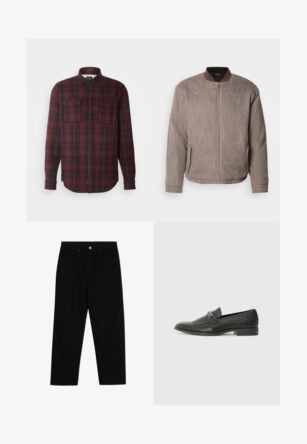 Scotch & Soda REVERSIBLE PADDED JACKET - Bombera - demitasse/eggnog; Červená a čierna kockovaná flanelová košeľa s golierom na gombíky, dvoma náprsníkovými vreckami a dlhými rukávmi. Má uvoľnený strih a zakrivený lem.; Čierne denimmové nohavice s rovný strihom, dizajnom s piatimi vreckami a upínaním na prednej strane. Hladká textúra s minimálnymi detailmi šitia.; Čierne kožené loafers s hladkým povrchom, s prešitým dizajnom a dekoratívnym kovovým reťazovým akcentom cez priehlavok. Plochý podpätok.