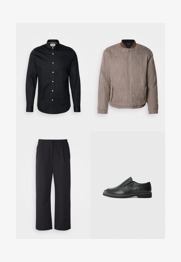 Scotch & Soda REVERSIBLE PADDED JACKET - Blouson Bomber - demitasse/eggnog; Chemise noire à manches longues en coton, avec un col à boutons, une fermeture à boutons à l'avant et un petit logo brodé sur la poitrine.; Pantalons à jambes larges en tissu noir texturé avec une taille à cordon de serrage, comportant deux poches avant et un design droit.; Chaussure slip-on en cuir noir avec une tige lisse, des accents cousus, un bout arrondi et un petit talon en caoutchouc. La semelle présente un profil de traction minimal.