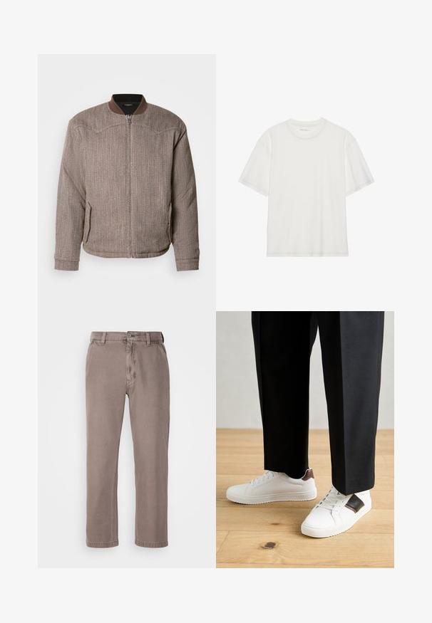 Scotch & Soda REVERSIBLE PADDED JACKET - Bomberjacke - demitasse/eggnog; Weißes Baumwoll-T-Shirt mit kurzen Ärmeln, rundem Ausschnitt und kontrastierenden Nähten entlang des Ausschnitts und der Ärmel.; Braune, gerade geschnittene Hose aus weichem Baumwollmischgewebe. Verfügt über einen Knopfverschluss, Gürtelschlaufen und seitliche Taschen. Minimalistisches Design.; Weiße Sneakers mit glatter Textur, versehen mit braunen Lederakzenten und schwarzen Details, kombiniert mit schwarzen maßgeschneiderten Hosen. Hintergrund aus Holzboden.