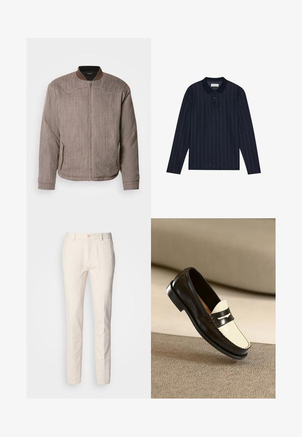 Scotch & Soda REVERSIBLE PADDED JACKET - Bomber Jacket - demitasse/eggnog; Navy long-sleeve polo shirt with a collared neckline, featuring thin vertical stripes and three-button placket. Soft fabric texture.; Light beige, tailored trousers made from soft fabric. Features a button closure, belt loops, and a slim, straight-leg design with minimal texture.; Black leather loafer with a cream-colored vamp and black accent stripes, featuring a low heel and detailed stitching along the edges.