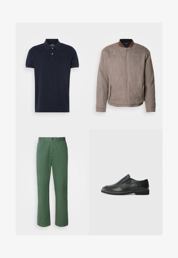 Scotch & Soda REVERSIBLE PADDED JACKET - Giubbotto Bomber - demitasse/eggnog; Polo shirt blu navy a maniche corte, in cotone, con colletto classico, due bottoni e un piccolo logo sul petto. Texture liscia.; Pantaloni di cotone verdi con design a gamba dritta, dotati di chiusura frontale con bottone e una sottile texture. Nessun motivo o accentuazione visibile.; Scarpa nera in pelle con inserto scivolare, superiore liscio, dettagli cuciti, punta arrotondata e tacco in gomma basso. La suola presenta un battistrada minimale.