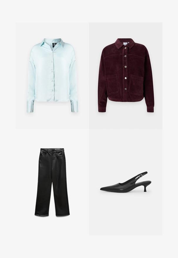 Burgundy cordfløjljakke med krave, foran knaplukning og to store påsyede lommer. Har tekstureret stof og en cropped pasform.; Lyseblå, langærmet skjorte med knapper, der har en klassisk krave, blødt stof og en let cropped kant med manchetter.; Sorte bukser i bred benvidde lavet af kunstlæder med frontlommer, bæltestropper og en diskret glans. Glat tekstur og skræddersyet pasform.; Sort læder slingback-sko med spids tå og en slank, buet hæl. Har en diskret justerbar rem med en metalspænde.