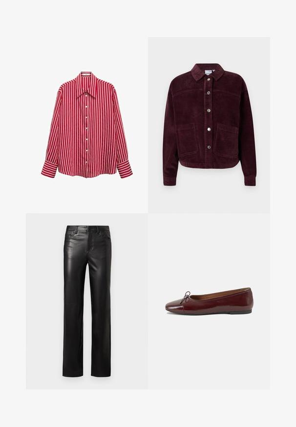 Bordeaux corduroy jack met een kraag, sluiting met voorknoop en twee grote opgestikte zakken. Heeft een textuurstof en een cropped pasvorm.; Rood en wit gestreepte lange mouwen button-up shirt met een brede kraag en knoopsluiting. Beschikt over brede manchetten aan het einde van de mouwen.; Twee mouwloze tops in zwart en wit, gemaakt van katoen. Beschikken over ronde halslijnen en een fitted ontwerp met een gladde textuur.; Zwarte leren broek met een rechte snit, voorzien van een knoopsluiting en voorzakken. Soepele textuur met subtiele stikdetails.; Bordeaux gepatenteerd lederen ballerina met een ronde neus, een klein strikaccent aan de voorkant en een lage, zwarte rubberen zool. Glad textuur.