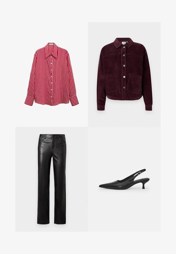 Bordeaux corduroy jack met een kraag, sluiting met voorknoop en twee grote opgestikte zakken. Heeft een textuurstof en een cropped pasvorm.; Rood en wit gestreepte lange mouwen button-up shirt met een brede kraag en knoopsluiting. Beschikt over brede manchetten aan het einde van de mouwen.; Twee mouwloze tops in zwart en wit, gemaakt van katoen. Beschikken over ronde halslijnen en een fitted ontwerp met een gladde textuur.; Zwarte leren broek met een rechte snit, voorzien van een knoopsluiting en voorzakken. Soepele textuur met subtiele stikdetails.; Zwarte leren slingback schoen met een puntige neus en een slanke, gebogen hak. Voorzien van een discrete verstelbare band met een metalen gesp.