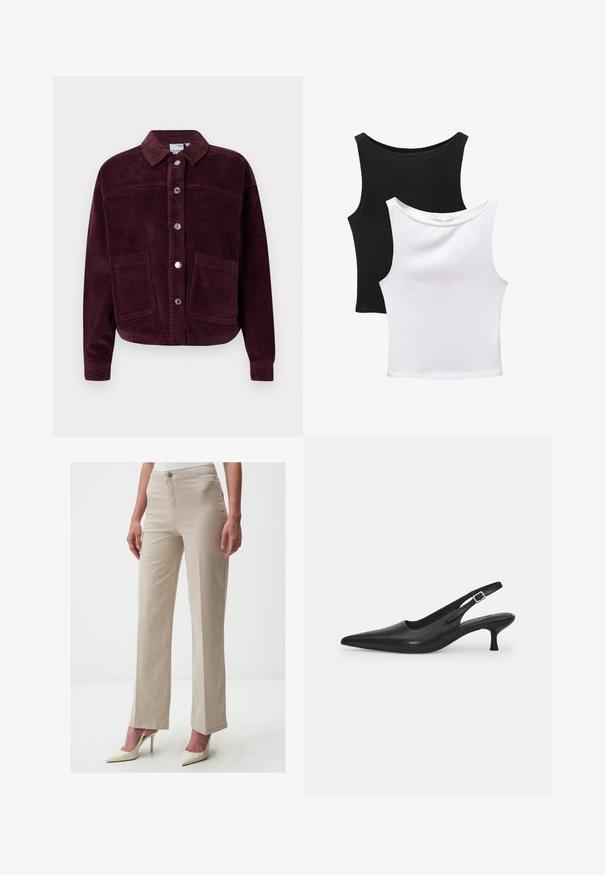 Veste en velours côtelé bordeaux avec un col, fermeture à boutons sur le devant et deux grandes poches plaquées. Présente un tissu texturé et une coupe courte.; Deux tops sans manches en noir et blanc, en coton. Comprend des encolures arrondies et un design ajusté avec une texture lisse.; Pantalon droit beige en mélange de coton, avec une texture lisse et fermeture à bouton sur le devant, associé à des talons aiguilles blancs.; Chaussure slingback en cuir noir avec un bout pointu et un talon fin et incurvé. Dispose d'une sangle ajustable discrète avec une boucle en métal.