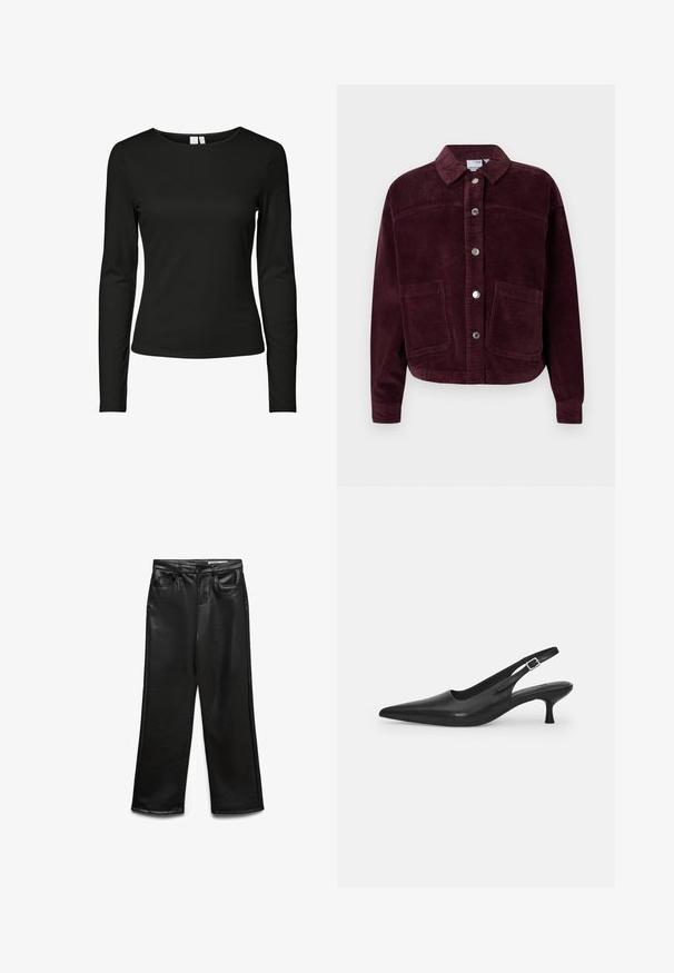 Cordjakke i burgunder med krage, frontlukking med knapper og to store påsydde lommer. Har teksturert stoff og en cropped passform.; Svart langermet topp laget av glatt stoff, med en klassisk rund hals og en tettsittende design uten synlige mønstre eller dekorasjoner.; Sorte videbukser i kunstlær med frontlommer, beltehemper og subtil glans. Jevn tekstur og skreddersydd passform.; Svart lær slingback sko med spiss tå og smal, buet hæl. Har en diskret justerbar rem med en metallspenne.