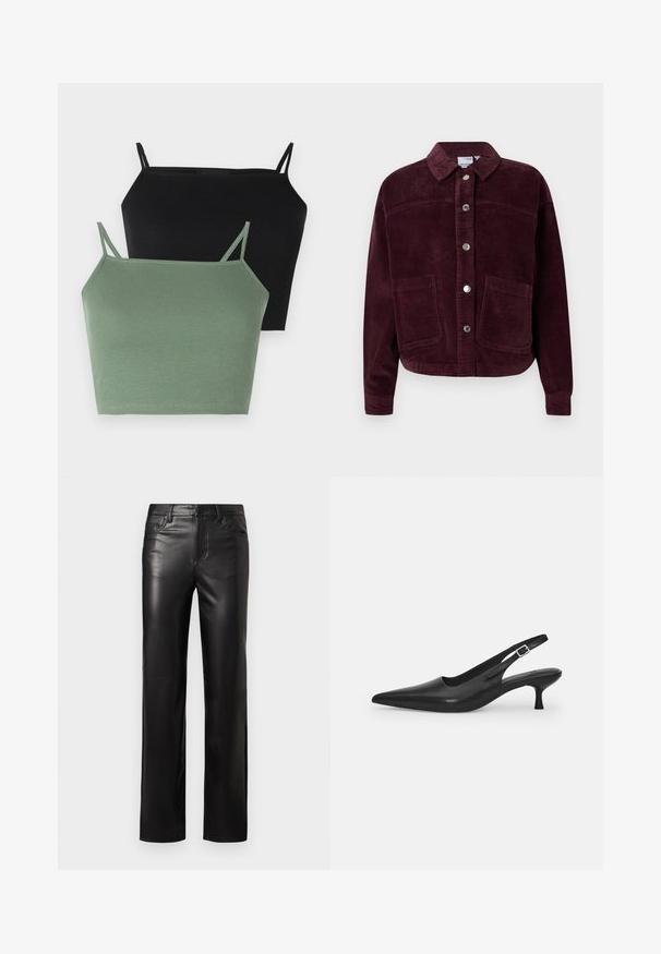 Burgundy cordfløjljakke med krave, foran knaplukning og to store påsyede lommer. Har tekstureret stof og en cropped pasform.; To ribbede toppe: en i sort og en i salviegrøn, med tynde justerbare stropper og en tætsiddende silhuet.; Sorte læderbukser med lige snit, der har knaplukning og forlommer. Glat tekstur med diskrete stikninger.; Sort læder slingback-sko med spids tå og en slank, buet hæl. Har en diskret justerbar rem med en metalspænde.