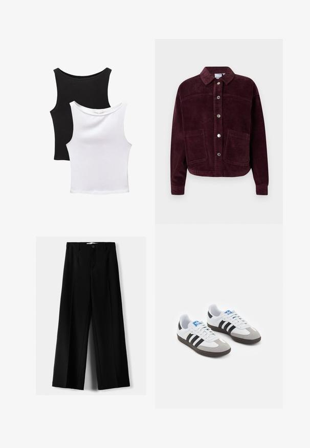 Burgundy cordfløjljakke med krave, foran knaplukning og to store påsyede lommer. Har tekstureret stof og en cropped pasform.; To sorthulene toppe i sort og hvid, lavet af bomuld. Har rundet halsudskæring og en tætsiddende pasform med glat tekstur.; Sorte brede bukser lavet af letvægtsstof, med frontknaplukning og glat front, samt pænt syede kanter.; Sportsko med en overdel i hvid læder, grå ruskind på tåen og tre sorte striber. Har et blåt logo på tungen og en struktureret gummisål.