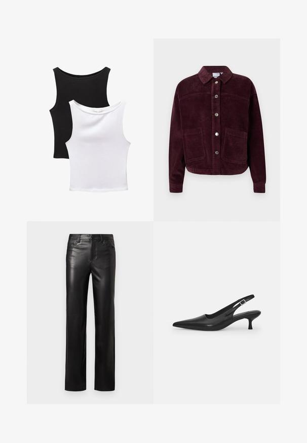 Corduroy jacket in burgundy with a collar, front button closure, and two large patch pockets. Features textured fabric and a cropped fit.; Two sleeveless tops in black and white, made from cotton. Features rounded necklines and a fitted design with smooth texture.; Black leather pants with a straight cut, featuring a button closure and front pockets. Smooth texture with subtle stitching details.; Black leather slingback shoe with a pointed toe and a slim, curved heel. Features a discrete adjustable strap with a metal buckle.