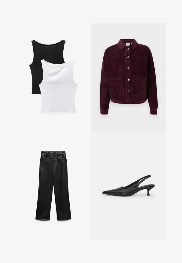 Burgundy cordfløjljakke med krave, foran knaplukning og to store påsyede lommer. Har tekstureret stof og en cropped pasform.; To sorthulene toppe i sort og hvid, lavet af bomuld. Har rundet halsudskæring og en tætsiddende pasform med glat tekstur.; Sorte bukser i bred benvidde lavet af kunstlæder med frontlommer, bæltestropper og en diskret glans. Glat tekstur og skræddersyet pasform.; Sort læder slingback-sko med spids tå og en slank, buet hæl. Har en diskret justerbar rem med en metalspænde.