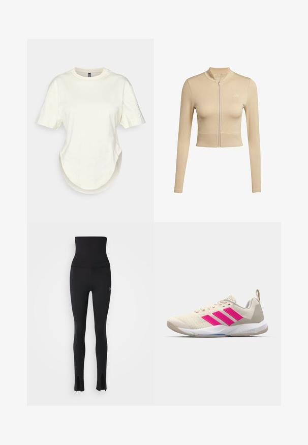 Beige skrátená zipsová bunda vyrobená z mäkkej látky, s dlhými rukávmi, vysokým golierom a jemnými textúrovanými akcentmi na pleciach.; Krémové tričko vyrobené z bavlny, s krátkymi rukávmi, zaobleným lemom a uvoľneným strihom, so spodným detailom v podobe vrstvenia.; adidas by Stella McCartney Legíny - black; Béžová atletická obuv s ružovým logom trojpruhov, textúrovaný sieťový zvršok, polstrovaný golier a biela gumová podrážka s označením "LIGHTSTRIKE".
