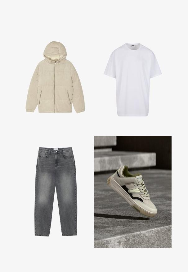 Jachetă puffer din corduroy bej cu glugă, cu un fermoar frontal, două buzunare laterale cu fermoar și manșete elastice pentru o potrivire strânsă.; Tricou alb din bumbac cu mâneci scurte, decolteu rotund, croială lejeră și fără logo-uri sau modele vizibile. Textură netedă și design minimalist.; Jeans cu talie înaltă, lejere, din denim negru estompat. Caracteristici: cinci buzunare, bucle pentru curea și un design curat cu picior drept.; Adidași din piele crem cu accente verzi închise, panouri texturate, dungi negre pe lateral și o talpă robustă din cauciuc, ridicați deasupra unei suprafețe din beton.