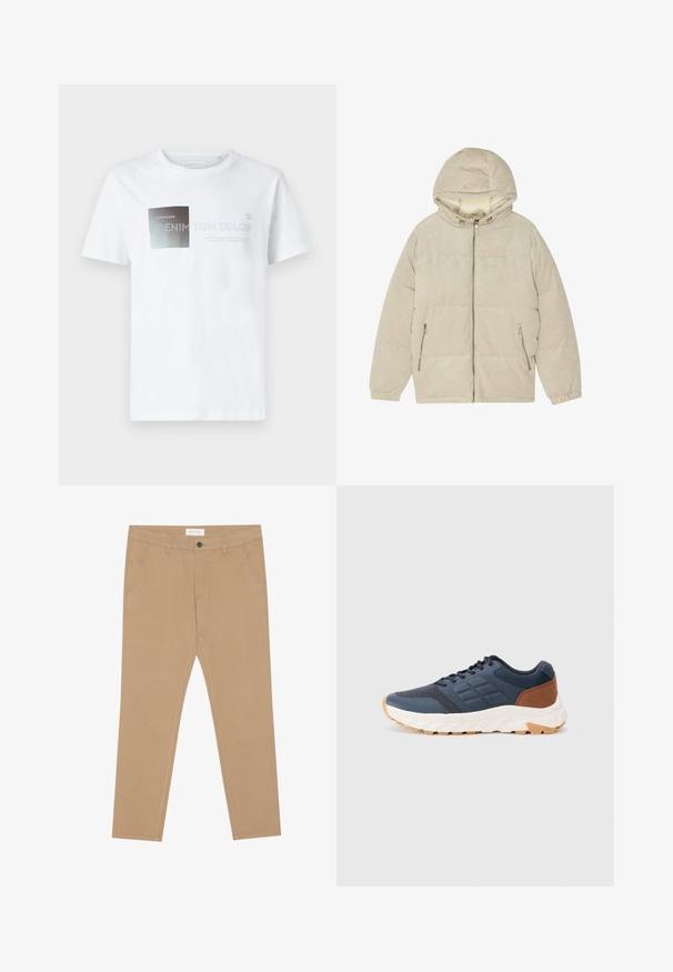 Casaco puffer em corduroy bege com capuz, apresentando um fecho zip na frente, dois bolsos laterais com fecho zip e punhos elásticos para um ajuste confortável.; T-shirt de algodão branco com mangas curtas, apresentando um design gráfico em preto e cinza com texto. Decote em crew, corte descontraído, textura suave.; Chinos kaki feitos de mistura de algodão, com frente lisa, dois bolsos laterais e um único bolso traseiro. Tecido leve com uma textura suave.; Ténis de desporto azul marinho com um acento em castanho no calcanhar, parte superior de malha texturizada, colarinho acolchoado e sola de borracha branca com um padrão no piso.