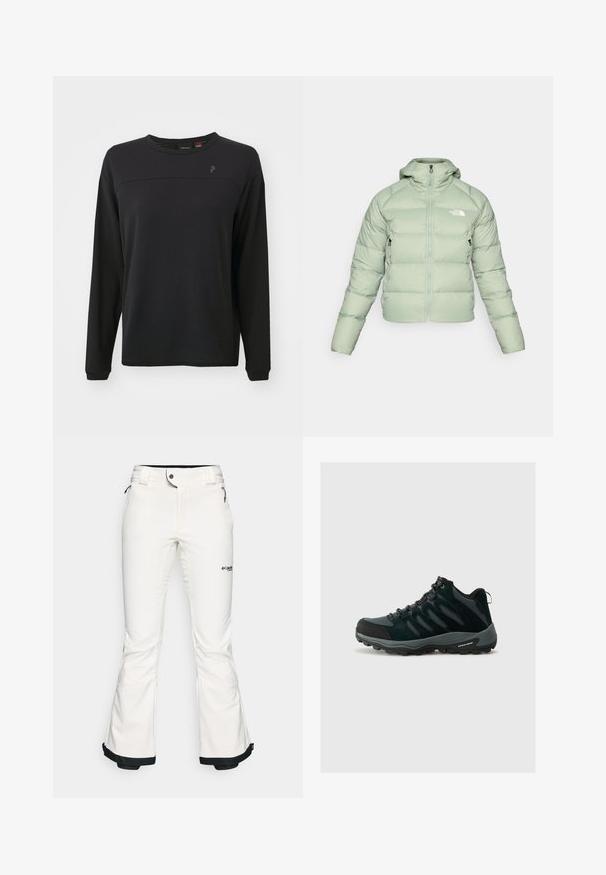 Light green puffer jacket with a hood, zip front, and side pockets. Features stitched horizontal sections for insulation. Logo on the chest.; Black long-sleeve shirt with textured fabric, round neck, and a subtle logo on the chest. Features a relaxed fit and stitched detailing.; White ski pants made from soft, flexible material. Features a fitted waist, wide flared legs, and black trim at the cuffs. Brand logo visible.; Columbia REDMOND - Hiking shoes - black/citron haze