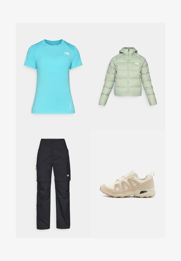 Svijetlozelena puf jakna s kapuljačom, prednjim zipom i bočnim džepovima. Sadrži šivane horizontalne sekcije za izolaciju. Logotip na prsima.; Svijetloplava majica kratkih rukava izrađena od mekog materijala, s okruglim izrezom i malim bijelim logom u gornjem lijevom kutu.; Crne najlon hlače s munjevim zatvaranjem, odvojive cargo hlače s podesivim manžetama, brojnim džepovima i logom na desnoj nozi. Glatka, lagana tekstura.; Bež i kremasti sportski tenisice s teksturiranim mrežastim gornjim dijelom, potpornih preklopa i gumeni potplat s uzorcima za prianjanje.