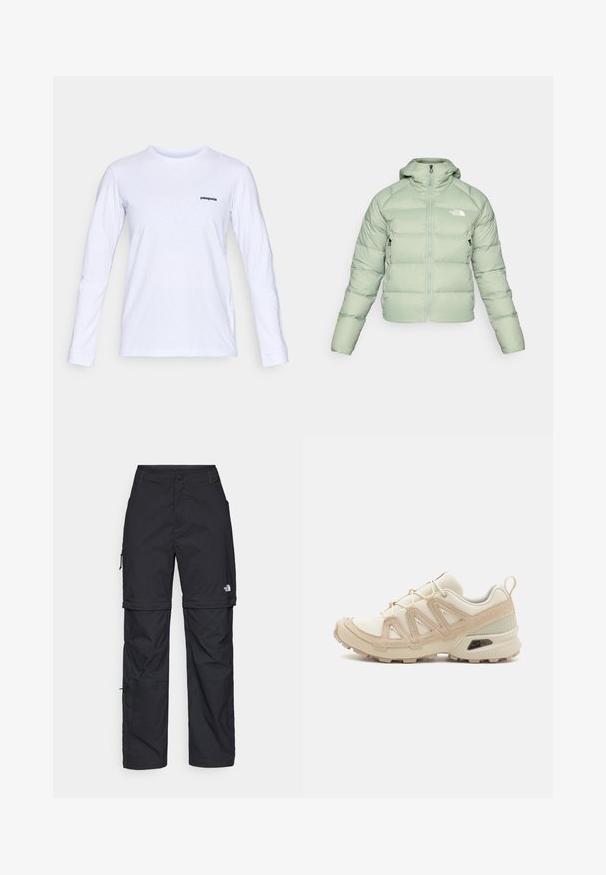 Heled roheline puff-jakk kapuutsiga, tõmblukuga esiküljel ja küljetaskutega. Omab õmmeldud horisontaalseid sektsioone isolatsiooniks. Rinnal on logo.; Pikad varrukad valgest puuvillast T-särgist, ümmargune kaelus ja must "patagonia" logo vasakul rinnal. Sile tekstuur, klassikaline lõige.; Mustad nailonist valmistatud eemaldatavad cargo-püksid, reguleeritavate pahkluudega, mitmete taskutega ja paremal jalal logoga. Sile, kerge tekstuur.; Beež ja koobalti spordijalats tekstureeritud võrkkattega, toetavad ülemised kihid ja kummist tallaga, millel on mustriga joonistus haardeks.