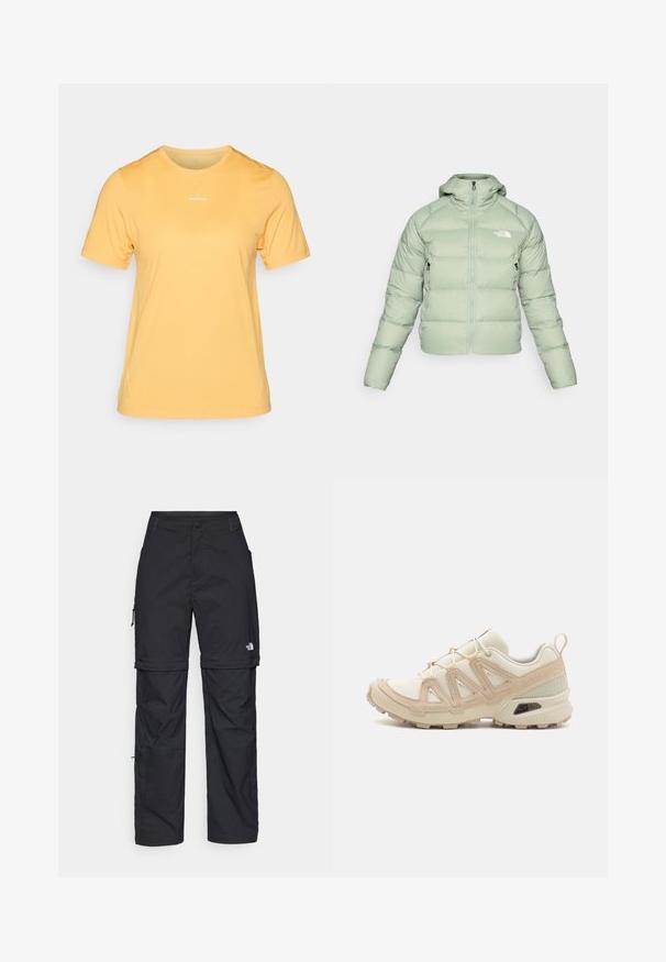 Light green puffer jacket with a hood, zip front, and side pockets. Features stitched horizontal sections for insulation. Logo on the chest.; Yellow short-sleeve athletic t-shirt made of breathable fabric, featuring a round neckline and a small white logo on the front.; Black nylon zip-off cargo trousers with adjustable cuffs, multiple pockets, and a logo on the right leg. Smooth, lightweight texture.; Beige and cream athletic shoe with textured mesh upper, supportive overlays, and rubber outsole featuring a tread pattern for traction.