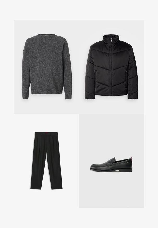 Zwarte pufferjack met hoge kraag, ritssluiting, diagonale quiltpatronen en zijzakken met ritssluitingen.; Donkergrijze gemêleerde gebreide trui met lange mouwen, ronde hals en ribgebreide manchetten en zoom, weergegeven op een witte achtergrond.; Zwarte broek met een geplooid ontwerp, wijde pijpen en een zachte textuur. Voorzien van een rode taillebandlabel.; Zwarte leren instappers met een textuur aan de voorkant en gladde zijden. Voorzien van een slanke hak en een lus aan de achterkant voor gemakkelijk aan- en uittrekken. Klassiek ontwerp.