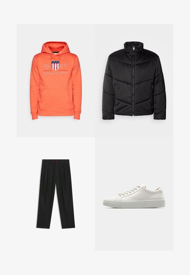 Black puffer jacket featuring a high neck, zip closure, diagonal quilting patterns, and side pockets with zipper details.; GANT ARCHIVE SHIELD - Hoodie - orange; Black trousers with a pleated design, wide leg shape, and a smooth texture. Features a red waistband tag.; White leather sneaker with a rounded toe, minimalist design, grey laces, and a textured grey rubber sole. Subtle stitching details visible.