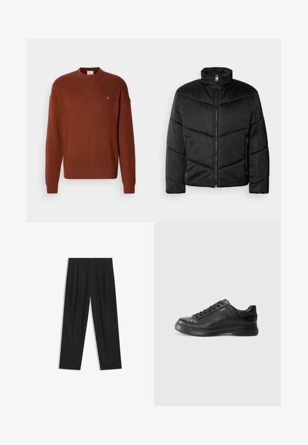 Musta puhallettava takki, jossa on korkea kaulus, vetoketjusulku, vino tikkauskuvio ja sivutaskut vetoketju yksityiskohdilla.; Ruskeanvärinen ribattupusero pyöreällä kaula-aukolla, jossa on pieni logo rinnassa ja rento malli. Valmistettu teksturoidusta neuloksesta.; Mustat housut, joissa on poimutettu muotoilu, leveä lahjetyyppi ja sileä pinta. Varustettu punaisella vyötärötagilla.; Musta nahkakengät, joissa on teksturoidun pinnan, pehmustettu kaulus ja punainen logo. Kengissä on paksu kumipohja, jossa on selkeä uramalli.