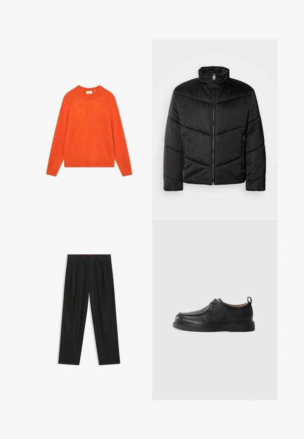 Black puffer jacket featuring a high neck, zip closure, diagonal quilting patterns, and side pockets with zipper details.; Orange sweater made of soft fabric, featuring a ribbed neckline and hem, with long sleeves and a relaxed fit. No patterns or embellishments.; Black trousers with a pleated design, wide leg shape, and a smooth texture. Features a red waistband tag.; Black leather shoe featuring a smooth finish, rounded toe, subtle stitching, lace-up design, and a textured back pull tab.