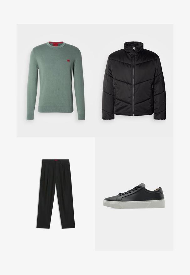 Svart pufferjacka med hög krage, dragkedjestängning, diagonala quiltmönster och sidofickor med dragkedjedetaljer.; Grön stickad tröja med långa ärmar, rund hals och ribbstickade muddar. Har en liten röd logopatch på bröstet. Slät yta, minimalistisk design.; Svarta byxor med vikta detaljer, bred benform och en slät textur. Har en röd midjebandsetikett.; Svart lädersneaker med en slät yta, rund tå och svarta skosnören. Har en tjock, vit gummisula med subtila geometriska accenter.