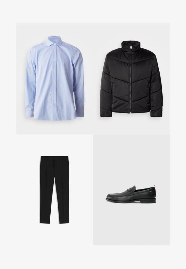 Giacca a vento nera con collo alto, chiusura a zip, motivi di trapuntatura diagonale e tasche laterali con dettagli in zip.; Camicia a righe blu e bianche, maniche lunghe, con bottoni sul davanti, colletto a punta, tessuto di cotone, texture liscia, design classico.; Pantaloni neri con vita regolabile, fronte plissettato, gamba affusolata e texture di tessuto liscia. Nessun motivo o dettaglio aggiuntivo.; Mocassini in pelle nera con un pannello anteriore testurizzato e lati lisci. Presentano un tacco sottile e un anello sul retro per una vestibilità facile. Design classico.