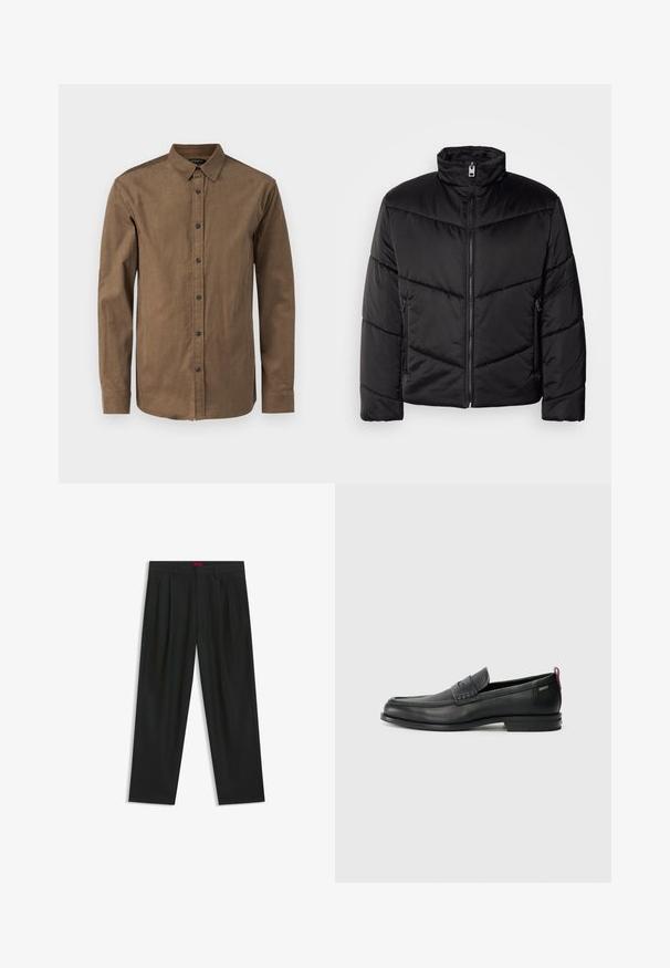 Sort pufferjakke med høj krave, lynlås lukning, diagonale quiltede mønstre og sidelommer med lynlåsdetaljer.; Brun, knap-op skjorte lavet af tekstureret stof, med spredt krave og lange ærmer med knapmanchetter. Syv forreste knapper.; Sorte bukser med plisseret design, bred benform og en glat tekstur. Har et rødt taljetag.; Sorte læder loafers med en tekstureret frontpanel og glatte sider. Har en slank hæl og en bageste løkke til nem påtagning. Klassisk design.