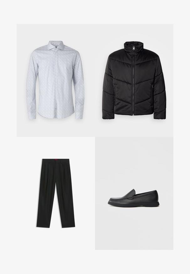 Zwarte pufferjack met hoge kraag, ritssluiting, diagonale quiltpatronen en zijzakken met ritssluitingen.; Lange mouw shirt in lichtblauwe stof met een klein bloemenpatroon in donkerblauw en subtiele witte accenten; klassieke kraag en knoopsluiting.; Zwarte broek met een geplooid ontwerp, wijde pijpen en een zachte textuur. Voorzien van een rode taillebandlabel.; Zwarte leren instaploafer met een textuur bovenwerk, ronde neus, lage hak en rubberen zool, weergegeven in zijprofiel op een witte achtergrond.