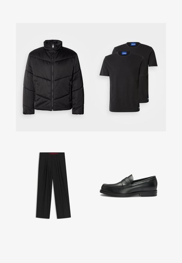 Schwarze Pufferjacke mit hohem Kragen, Reißverschluss, diagonalen Steppmustern und seitlichen Taschen mit Reißverschlüssen.; Zwei schwarze Baumwoll-T-Shirts mit Rundhals, kurzen Ärmeln und blauen "HUGO"-Labels an den Kragen und seitlichen Säumen.; Schwarze weit geschnittene Hosen mit flachem Bund, zwei seitlichen Taschen, gefaltetem Design und einem kontrastierenden roten Innenbund.; Schwarze Lederloafer mit runder Zehenform und gestickten Details, ausgestattet mit einem dekorativen Riemen über dem oberen Teil und einem niedrigen Absatz.