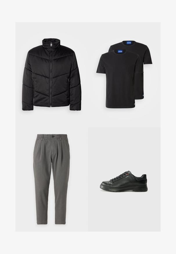 Schwarze Pufferjacke mit hohem Kragen, Reißverschluss, diagonalen Steppmustern und seitlichen Taschen mit Reißverschlüssen.; Zwei schwarze Baumwoll-T-Shirts mit Rundhals, kurzen Ärmeln und blauen "HUGO"-Labels an den Kragen und seitlichen Säumen.; Graue, lockere Hosen mit strukturierter Oberfläche, mit Knopfschluss, elastischem Bund und vorderen Falten. Knöchellang.; Schwarze Leder-Sneaker mit strukturiertem Obermaterial, gepolstertem Kragen und rotem Logo-Detail. Verfügt über eine dicke Gummisohle mit markantem Profil.
