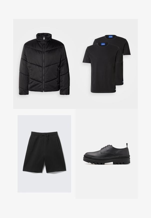 Black puffer jacket featuring a high neck, zip closure, diagonal quilting patterns, and side pockets with zipper details.; Two black cotton T-shirts with round necklines, short sleeves, and blue "HUGO" labels on the collars and side hems.; Black athletic shorts made of soft fabric, featuring an elastic waistband with a drawstring, and two front pockets. Smooth texture, knee-length cut.; Black leather shoe with a rounded toe, lace-up design, and chunky rubber sole. Features a pull tab at the heel and textured accents.
