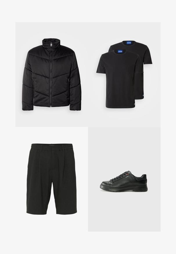 Juodas pūkinis švarkas su aukštu kaklu, užtrauktuku, įstrižais siuvinėjimo raštais ir šoninėmis kišenėmis su užtrauktukų detalėmis.; Du penkių juodų medvilninių marškinėlių su apvaliais iškirpimais, trumpomis rankovėmis ir mėlynais "HUGO" etiketėmis ant apykaklių ir šoninių kraštų.; Juodi šortai, pagaminti iš tekstūruoto audinio, pasižymintys laisvu kirpimu, klostėmis ir elastingu juosmeniu, suteikiančiu komfortą.; Juodos odinės sportinės bateliai su tekstūruota viršutine dalimi, paminkštinta apykakle ir raudonu logotipo akcentu. Yra storas guminis padas su išskirtiniu protektoriaus raštu.