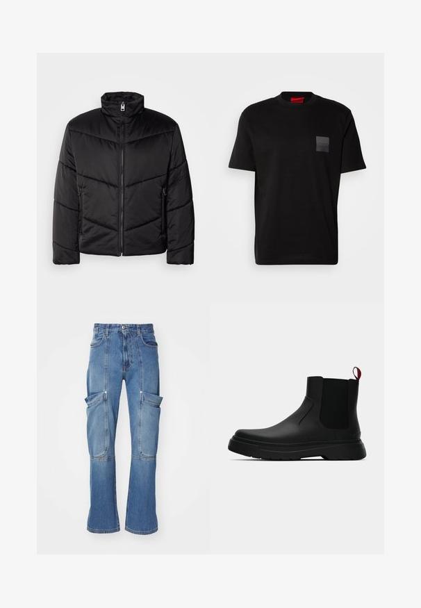 Svart dunjakke med høy nakke, glidelåsforsegling, diagonale quiltede mønstre og sidelommer med glidelåsdetaljer.; Svart bomull T-skjorte med rund hals, med et teksturert svart merke med logo på venstre bryst. Korte ermer og avslappet passform.; Denim cargo bukser i lyseblå med høj talje, flere sidelommer og flagrende ben, med kontraststing og lynlås lukning.; Sorte ankelstøvler med en glat overflade, elastiske sidepaneler og en kontrastfyldt rød trækflik, med en tykk gummisål og rund tå.