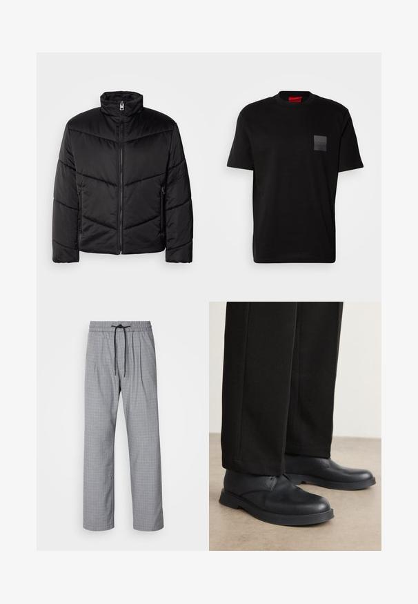 Black puffer jacket featuring a high neck, zip closure, diagonal quilting patterns, and side pockets with zipper details.; Black cotton T-shirt with a crew neck, featuring a textured black patch with logo on the left chest. Short sleeves and relaxed fit.; Gray checkered pants with a relaxed fit, featuring an elastic waistband and drawstring, tailored design, and smooth texture.; Black leather shoes with a rounded toe, flat sole, and minimal detailing. Paired with tailored black pants, showing smooth texture.