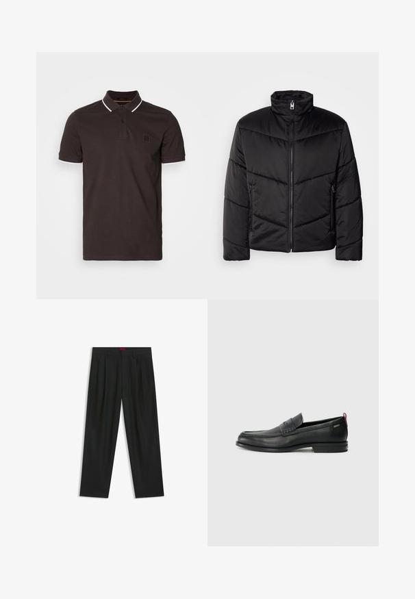 Veste matelassée noire avec col montant, fermeture éclair, motifs de quilting diagonaux et poches latérales avec détails zippés.; Polo shirt marron foncé en coton, avec un col classique, deux boutons et des accents blancs au col et aux manches. Petit logo sur la poitrine.; Pantalons noirs avec un design plissé, une coupe large et une texture lisse. Présente une étiquette de taille rouge.; Mocassins en cuir noir avec un panneau avant texturé et des côtés lisses. Équipés d'un talon fin et d'une boucle à l'arrière pour un enfilage facile. Design classique.