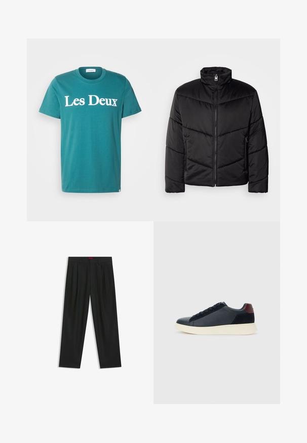 Black puffer jacket featuring a high neck, zip closure, diagonal quilting patterns, and side pockets with zipper details.; Teal cotton crew-neck t-shirt featuring "Les Deux" printed in large white letters across the chest. Short sleeves and straight cut.; Black trousers with a pleated design, wide leg shape, and a smooth texture. Features a red waistband tag.; Low-top men's sneaker in black leather and suede with maroon heel tab and white rubber sole, viewed from the outer side.