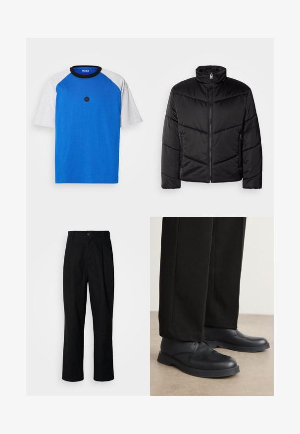 Fekete pufikabát magas gallérral, cipzáras záródással, átlós steppelt mintával és oldalsó, cipzáras zsebekkel.; Kék, rövid ujjú póló, szürke raglánujjakkal, kerek fekete gallérral és fekete, kör alakú logóval az elején. Sima pamut anyag.; Fekete egyenes szabású nadrág gombos derékkal, övrutakkal és elülső gyűrődéssel, egy sima fehér háttér előtt.; Fekete bőrcipők lekerekített orral, lapos talppal és minimális díszítéssel. Testre szabott fekete nadrággal párosítva, amely sima textúrával rendelkezik.