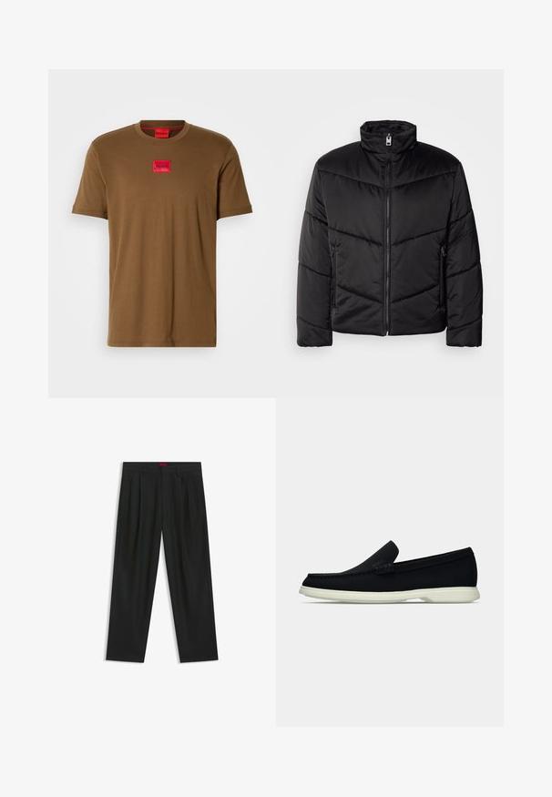Black puffer jacket featuring a high neck, zip closure, diagonal quilting patterns, and side pockets with zipper details.; Brown short-sleeve T-shirt with red rectangular logo patch labeled "HUGO" at the center chest.; Black trousers with a pleated design, wide leg shape, and a smooth texture. Features a red waistband tag.; Black slip-on shoe with a rounded toe, featuring a textured upper, smooth white sole, and subtle branding detail on the side.