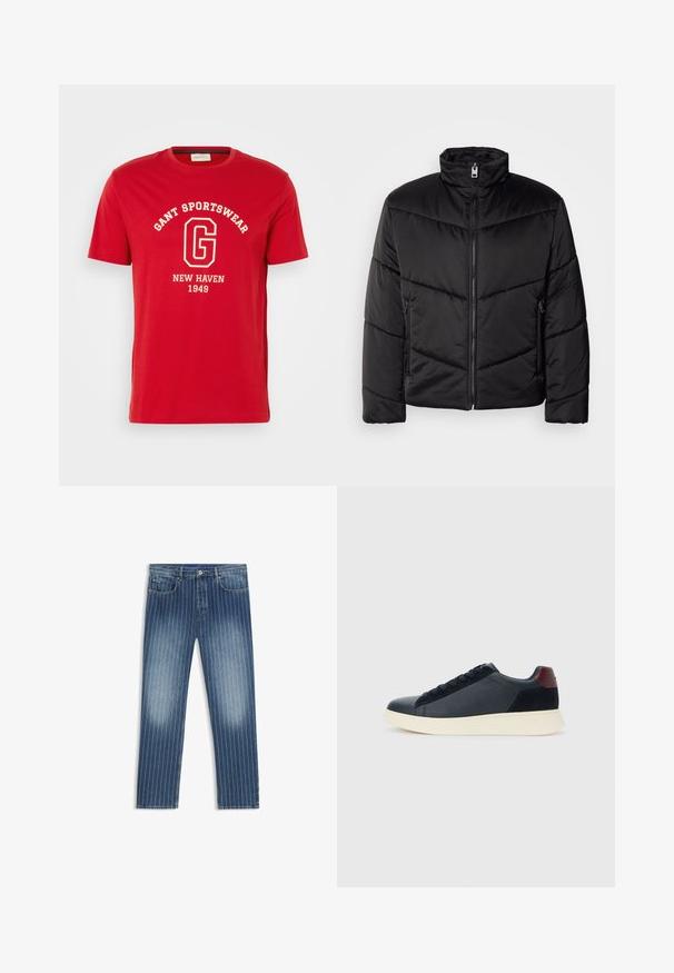 Schwarze Pufferjacke mit hohem Kragen, Reißverschluss, diagonalen Steppmustern und seitlichen Taschen mit Reißverschlüssen.; Rotes Kurzarm-T-Shirt aus Baumwolle mit einem weißen Textdruck von "GANT SPORTSWEAR" und "NEW HAVEN 1949" in einer klassischen Schriftart.; Jeans aus Denim mit einem Streifenmuster, mittelblauer Farbe, mit ausgewaschenen Bereichen, geradem Beinschnitt, fünf Taschen und einem Metallknopfverschluss.; Schwarze Leder- und Wildledersneaker für Herren mit einem ziegelroten Fersenpatch und weißer Gummisohle, von der Außenseite betrachtet.
