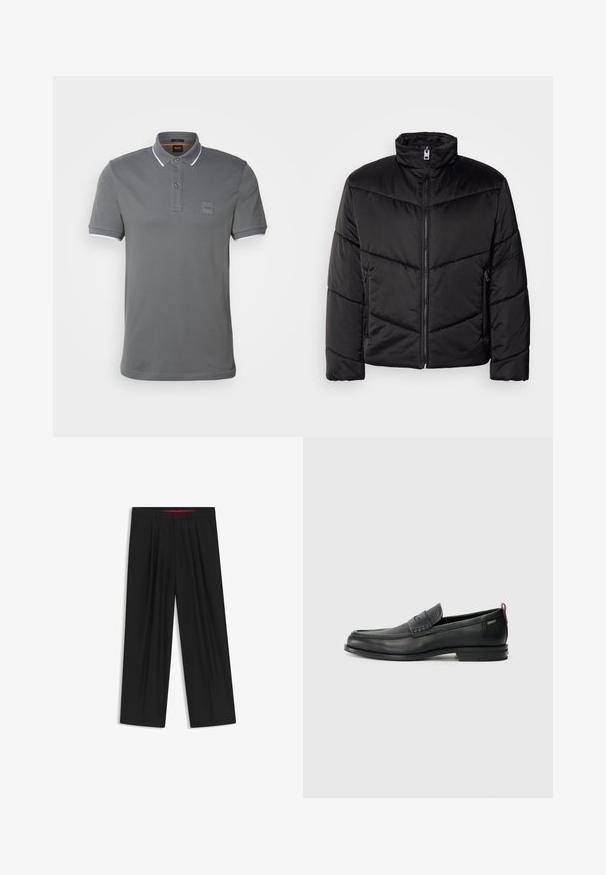 Sort pufferjakke med høj krave, lynlås lukning, diagonale quiltede mønstre og sidelommer med lynlåsdetaljer.; BOSS PASSERTIP - Poloshirts - dark grey; Sorte brede bukser med flad front, to sidelommer, plisseret design og en kontrastfarvet rød inderside på linningen.; Sorte læder loafers med en tekstureret frontpanel og glatte sider. Har en slank hæl og en bageste løkke til nem påtagning. Klassisk design.