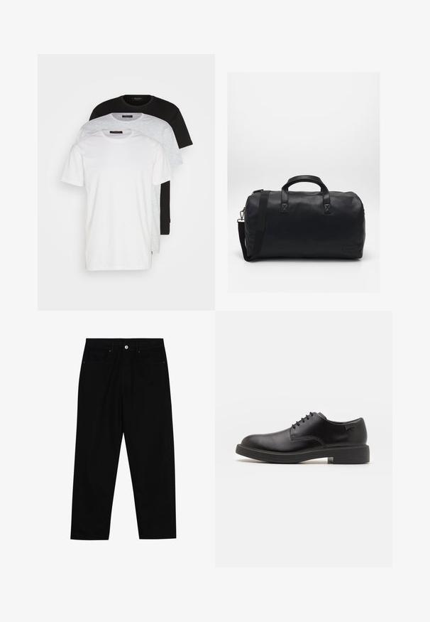 Veste matelassée noire avec col montant, fermeture éclair, motifs de quilting diagonaux et poches latérales avec détails zippés.; Trois t-shirts à col rond en blanc, gris clair et noir. Fabriqués en coton doux, avec des manches courtes et une coupe décontractée.; Pantalons en denim noir avec une coupe droite, un design à cinq poches et une fermeture à bouton à l'avant. Texture lisse avec des détails de couture minimaux.; Chaussure noire en cuir à lacets avec un embout arrondi, texture lisse, piqures minimales et un petit talon en caoutchouc. Logo sur le talon.; Sac de sport noir en matériau synthétique texturé. Doté de deux poignées et d'une bandoulière réglable. Design simple sans motifs visibles.