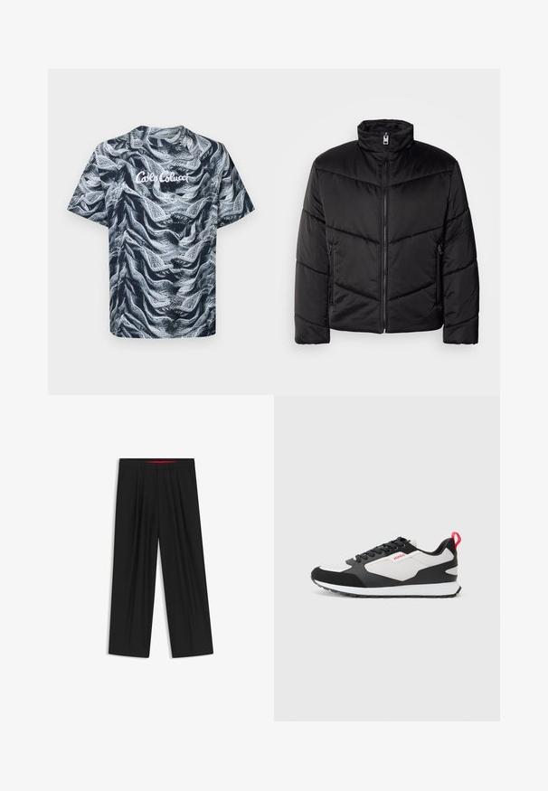 Sort pufferjakke med høj krave, lynlås lukning, diagonale quiltede mønstre og sidelommer med lynlåsdetaljer.; Kortærmet T-shirt med rund hals, der har et struktureret abstrakt mønster i sort og hvid, med "Cabo Colucci" trykt i hvid.; Sorte brede bukser med flad front, to sidelommer, plisseret design og en kontrastfarvet rød inderside på linningen.; Sorte og hvide sneakers med en overdel i ruskind og mesh, der har en rød dragelapp og tekstureret sål. Snørebåndsdesign med logo-detalje.